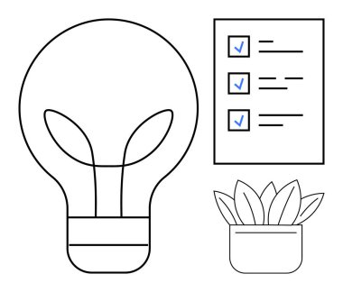 Yaprak elementli ampul, işaretli kontrol listesi ve çevre dostu uygulamaları vurgulayan saksı bitkisi. Sürdürülebilirlik, büyüme, yenilik, planlama, çevre, üretkenlik için ideal