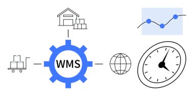 Merkezdeki depo teçhizatı envanter, küresel lojistik, saat ve trend çizelgesine bağlı. İkmal zinciri, verimlilik, zaman yönetimi, analitik e-ticaret lojistik otomasyonu için ideal. Basit düz