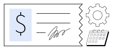 Dolar işareti, teçhizat, ödeme, iş planlaması, maaş bordrosu, verimlilik, muhasebe ve zaman yönetimi için ideal bir takvim yanında imzalanmış belge. Basit düz metafor