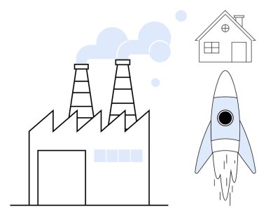 Bacaları duman çıkaran fabrika, ikametgahı sembolize eden küçük ev ve gelecekteki keşifleri gösteren roket fırlatma. Endüstri, çevre, sürdürülebilirlik, yenilik ve teknoloji için ideal