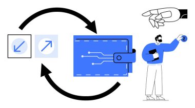 Devre desenli dijital cüzdan, değiş tokuş okları ve şifreli para tutan kişi. Finans, finans, dijital ödeme, engelleme zinciri, para transferi için ideal, e-ticaret basit düz metafor