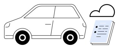 Cloud 'un yanındaki kompakt araba ve dijital otomobil servislerini gösteren belgeler, online evraklar ve araç veri deposu. Araba kiralama, e-hareketlilik, akıllı ulaşım ve teknoloji için ideal