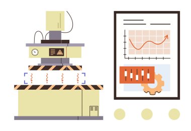 Tehlikeli sembolleri olan endüstriyel basın makinesi, kontrol kadranları, ve performans grafikleri ve verileri olan ısıtma elemanları. Üretim, teknoloji, analitik ve kalite kontrolü için ideal