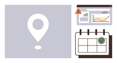 Harita iğnesi, uyarı simgesi olan analiz paneli ve işaretli takvim. Navigasyon, planlama, zamanlama, görev yönetimi, analitik, zaman düz metaforu izlemek için ideal