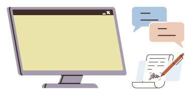 Boş ekranlı bilgisayar monitörü, konuşma baloncukları ve imzalı kağıt. İletişim için ideal, çevrimiçi işbirliği, belge imzalama, dijital yönetim, üretkenlik, anlaşmalar