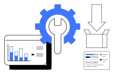 İngiliz anahtarı olan dişli araçları simgeler, ekrandaki çubuk grafiği analitiği simgeler, ok noktalarını yazılım kurulumu için kutuya indirir. Teknoloji, veri, araçlar, üretkenlik, sistem, süreç için ideal