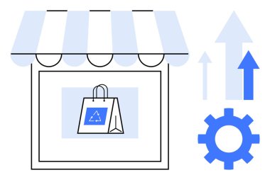 Geri dönüşümlü alışveriş torbası, büyümeyi sembolize eden oklar ve operasyonel gelişim için vites. E-ticaret, sürdürülebilirlik, büyüme, eğilimler, yenilik, lojistik perakende için ideal