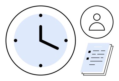 Zaman, kullanıcı simgesi ve kağıt üzerindeki kontrol listesi verimliliği, planlamayı ve zamanlamayı sembolize eder. Zaman takibi, iş akışı, organizasyon, verimlilik süreleri için ideal basit düz metafor