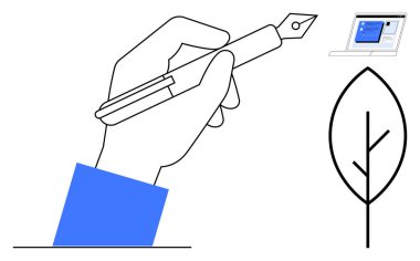 Dolma kalem, stilize bir yaprak ve dizüstü bilgisayar ekranı iletişimi, yeniliği, doğayı ve sürdürülebilirliği sembolize eder. Çevre, teknoloji ve eğitim yazarlığı için ideal