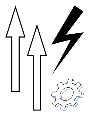 Yukarı ok büyümeyi simgeler, yıldırım enerjiyi simgeler ve dişli de yeniliği simgeler. Teknoloji, üretkenlik, enerji, başarı, takım çalışması, mühendislik ve sanayi büyümesi için ideal