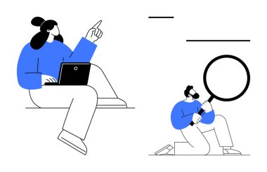 Bir diğeri büyüteçle incelerken bir dizüstü bilgisayar üzerinde çalışan biri fikirleri işaret ediyor. Takım çalışması, analiz, araştırma, teknoloji, yenilik, eğitim ve yaratıcılık için ideal. Basit düz