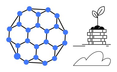 Bağlantı ve yeniliği temsil eden mavi moleküler ağ, istiflenmiş katmanlardan büyüyen bitki filizi ve bir bulut çizgisi. Teknoloji, büyüme, doğa, sürdürülebilirlik ve yenilik için ideal