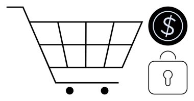 Dolar işareti ve güvenlik kilidi olan minimal alışveriş arabası koruma, alım satım ve perakendeciliği sembolize ediyor. E-ticaret, ödeme platformları, çevrimiçi güvenlik, perakende, finans, işlemler için ideal