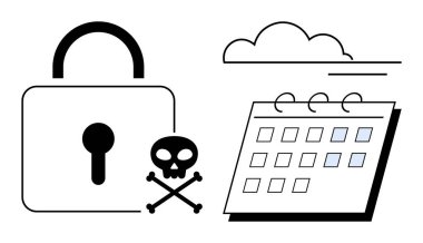 Bulutlu asma kilit, kafatası sembolü ve veri güvenliğini, hacklemeyi, sistem tehdidini gösteren takvim. Siber güvenlik, bulut depolama riskleri, planlama, dijital güvenlik hackleme tehdit yönetimi için ideal