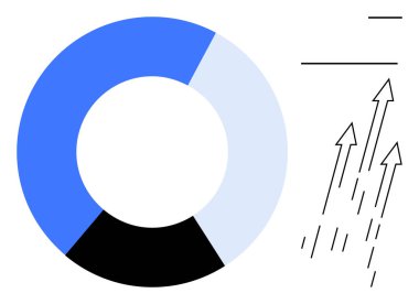 Yuvarlak segmentli grafik, üç renk ve yukarı doğru oklar büyümeyi gösteriyor. İş için ideal, analitik, strateji, finans, ilerleme, veri görselleştirme, başarı. En düşük ve basit düz