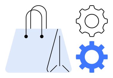 İki vitesin yanında alışveriş torbası. E-ticaret, perakende, teknoloji, otomasyon, lojistik, iş stratejisi, verimlilik için ideal. Yenilik ve süreçler için basit düz bir metafor