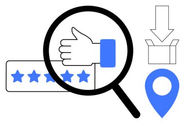 Büyüteç, başparmaklar, yıldız derecelendirme çubuğu, teslimat kutusu ve lokasyon rozetine odaklanıyor. Değerlendirme, inceleme, müşteri memnuniyeti, lojistik, navigasyon e-ticaret başarısı kavramları için ideal