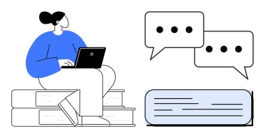 Kitapların üzerine oturmuş konuşma baloncukları ve metin elemanları olan bir dizüstü bilgisayar kullanan bir kadın figürü. Eğitim, iletişim, çevrimiçi öğrenme, üretkenlik, uzaktan çalışma, tartışma, basit daire