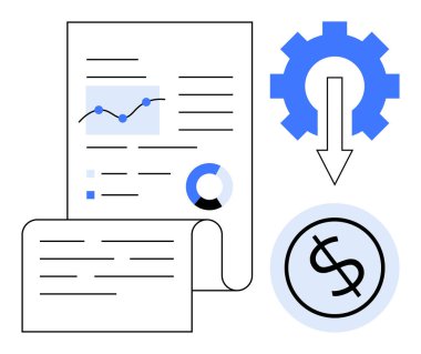 Haritalar, teçhizatlar, dolar işaretini gösteren oklar. Veri analizi, finans, otomasyon, yatırım, strateji iş büyümesi planlama için ideal. Basit düz metafor