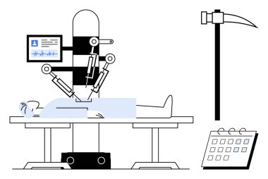 Hayati gösterge monitörü olan hastaya ameliyat yapan robotik kollar, sembol ve takvim yakınlarda. Sağlık, yapay zeka, robot bilimi, ameliyat, ölüm hassasiyeti teknolojisi için idealdir. Basit.