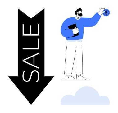 Satış etiketli cesur bir okun yanında dolar sikkesi tutan adam. Satışlar, indirimler, fiyat düşüşleri, finansal büyüme, perakende pazarlama, promosyonlar, basit düz metafor