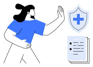 Reddedilmiş bir kadın, tıbbi haçlı bir kalkan, belgeler. Güvenlik, sağlık sigortası, kişisel bakım, tıbbi destek, karar verme hakkı bilinci için idealdir. Basit düz