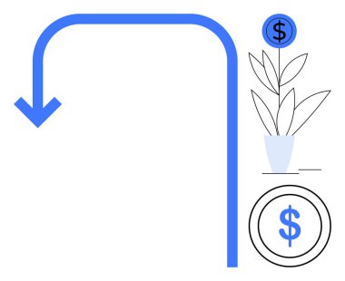 Mavi ok, bozuk paranın içinde ve bitkinin üzerinde dolar işareti olan saksı bitkisinin yanında aşağı doğru kıvrılır. Finans, sürdürülebilirlik, yatırım, büyüme, strateji, tasarruf ve minimalizm için ideal. Basit bir daire.