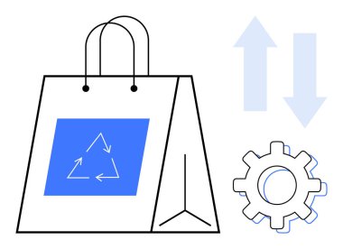 Geri dönüşüm okları dizaynlı alışveriş çantası, işlem optimizasyonu için vites dairesel ekonomi için yukarı ve aşağı ok. Sürdürülebilirlik, geri dönüşüm, eko-ticaret, teknoloji ve çevre için ideal