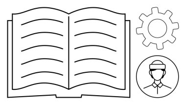 Metin satırları, teçhizatı ve saç bandı takan profesyonel avatarı olan açık bir kitap. Eğitim, beceri geliştirme ve yönetimi simgeliyor. Öğrenim, eğitim, bilgi paylaşım koçluğu için ideal