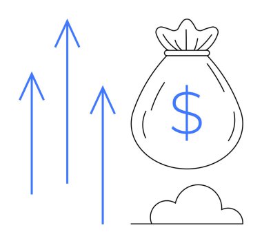 Dolar işaretli para torbası, gelişimi ve finansal başarıyı temsil eden üç ok yukarı bakan zenginliği ve büyümeyi sembolize eder. Yatırım, tasarruf, gelir büyümesi, ekonomi ve refah için ideal