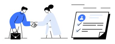 İş adamları profil listesinin yanında el sıkışıyor. İş, ortaklık, adam toplama, anlaşma, takım çalışması, pazarlık, başarı için ideal. Basit düz metafor