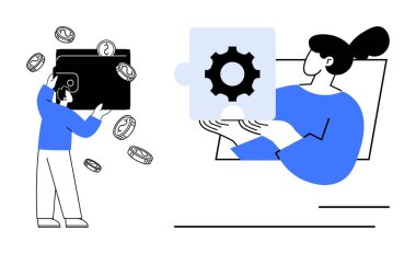 Bozuk para ve cüzdan yöneten bir kişi, teçhizatlı bir başka yapboz parçası. Finans, tasarruf, takım çalışması, çözümler, problem çözme, dijital araçlar için ideal hedef belirleme. Basit düz metafor