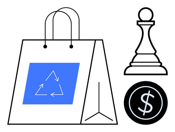 Paper bag with recycling arrows, chess pawn, coin with dollar sign. Ideal for sustainability, strategy, eco-consciousness, business growth, retail finance decision-making. Simple flat metaphor