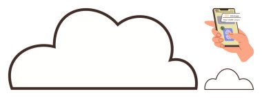 Bulut ana hatları depolamayı sembolize ediyor, akıllı telefonu mesaj uygulaması ile tutuyor. Teknoloji, iletişim, bulut hesaplama, dosya transferi, veri depolama, çevrimiçi yedekleme, dijital ağlar için ideal