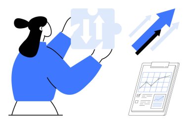 Elinde yön okları olan bir yapboz parçası, büyümeyi sembolize eden yukarı doğru oklar ve grafikli bir pano olan bir kadın. Strateji, ilerleme, analiz, karar verme, büyüme ve sorun çözme için ideal