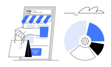 Dükkan önü ve alışveriş torbaları olan mobil cihaz, teçhizatlı pasta grafiği. Çevrimiçi perakende satış, pazarlama, analitik, dijital strateji, e-ticaret, teknoloji tüketicisi davranışı için ideal. Basit düz