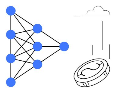 Dijital para birimini sembolize eden madeni para ile bağlantılı düğümlerle bağlantılı sinir ağı diyagramı. Yapay zeka, yenilik, teknoloji, kripto para birimi, finans, makine öğrenimi, öngörücü analitik için ideal