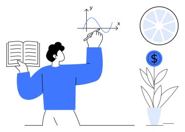 Elinde kitap, mali büyüme bitkisi ikonu ve dairesel grafikle grafikleri inceleyen kişi. Eğitim, araştırma, veri analizi, finansal planlama, büyüme stratejisi, basit bir daireyi öğrenmek için ideal