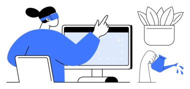 Mavi tişörtlü bir kadın bilgisayarda çalışıyor, ekrana doğru işaret ediyor. Yakınlarda, beslenme fikirlerini sembolize eden bir saksı ve sulama kutusu var. Takım çalışması, yaratıcılık, eğitim ve büyüme için ideal