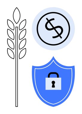Dolar sembolünün yanında mavi daire şeklinde tahıl sapı ve kilitli kalkan. Tarım, ekonomi, mali güvenlik, sürdürülebilirlik, tasarruf, koruma temaları için ideal, basit düz metafor