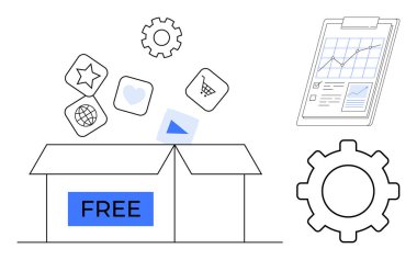 Ücretsiz uygulama simgeleri etiketli açık kutu yıldız, alışveriş arabası, dünya, analitik, çizelge ve dişli pano. Teknoloji, pazarlama, yenilik, analitik uygulamalar için ideal