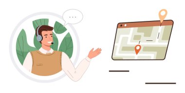 Dijital ekranda harita rotasını açıklayan kulaklıklı gülen müşteri hizmetleri temsilcisi. Navigasyon desteği, lojistik, seyahat yardımı, uzaktan yönlendirme, iletişim, teknoloji, kullanıcı için ideal