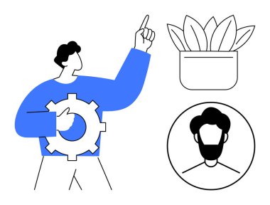 Teçhizatı yukarı doğru tutan kişi yenilik ve ilerlemeyi sembolize ediyor. Saksı bitkisi büyümeyi işaret ederken, profil ikonu bireyselliği işaret ediyor. Takım çalışması, liderlik ve ilerleme için ideal