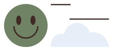 Açık mavi bir bulut ve ince yatay çizgilerin yanında gülümseyen yeşil yüz barış, neşe ve dengeyi çağrıştırıyor. Pozitiflik, farkındalık, mutluluk, dinginlik, sağlık, ruh sağlığı için idealdir.