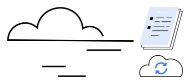Yüzen çizgilerle sadeleştirilmiş bulut, belgeler, minimal biçimde senkronizasyon simgesi. Teknoloji, depolama, dosya paylaşımı, yenilik, iş akışı verimliliği veri güvenliği için idealdir. Basit düz metafor