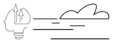 Oklu ve bulutlu baş ampulünün modern minimum tasarımı. Yenilik, yaratıcılık, büyüme, vizyon, liderlik, teknoloji ve işbirliği için ideal. Basit düz metafor