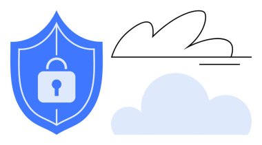 Bulut simgelerinin yanında kilit sembolü olan bir kalkan, veri koruması, siber güvenlik ve güvenli bulut depolama üzerinde duruluyor. Teknoloji, gizlilik, veri güvenliği, bulut hesaplama, çevrimiçi güvenlik için ideal