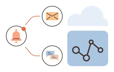 Uyarı zili, e-posta, sohbet baloncuğu simgeleri mavi bulut şeklindeki bir veri grafiğine bağlı. İletişim, veri entegrasyonu, analitik, teknoloji, iş akışı, dijital takım çalışması için ideal