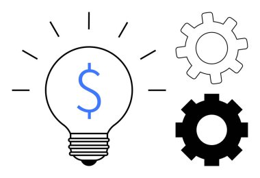 İçinde dolar işareti olan ampul iki dişli tarafından çevrelenmiş ışınları yayar. Ticari büyüme, yenilik, finans, takım çalışması, strateji, operasyon yaratıcılığı için idealdir. Basit düz metafor