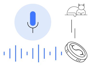 Mavi mikrofon, ses dalgaları, yüzeyde dinlenen kedi ve madeni para basit bir düzlemde etkileşim, iletişim, otomasyon, akıllı cihazlar, bağlantı, yaratıcılık basitliğini vurgular.